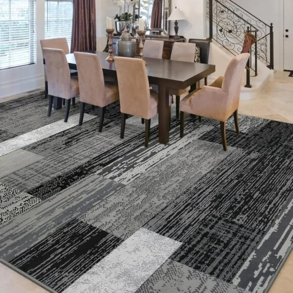 New 5x8 Grey Geometric Area Rug, Modern Patchwork Carpet for Home & Room Decor